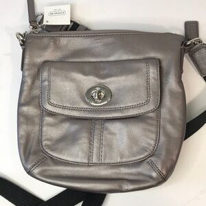 New COACH Metallic Silver Leather Cross Body Bag